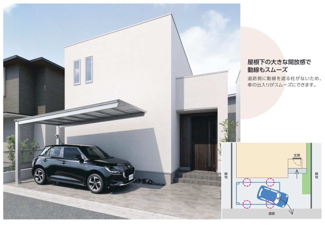 屋根下の大きな解放感で動線もスムーズ

カーポート　三協アルミ　セルフィフリー　後方支持　軽自動車・コンパクトカー向け
